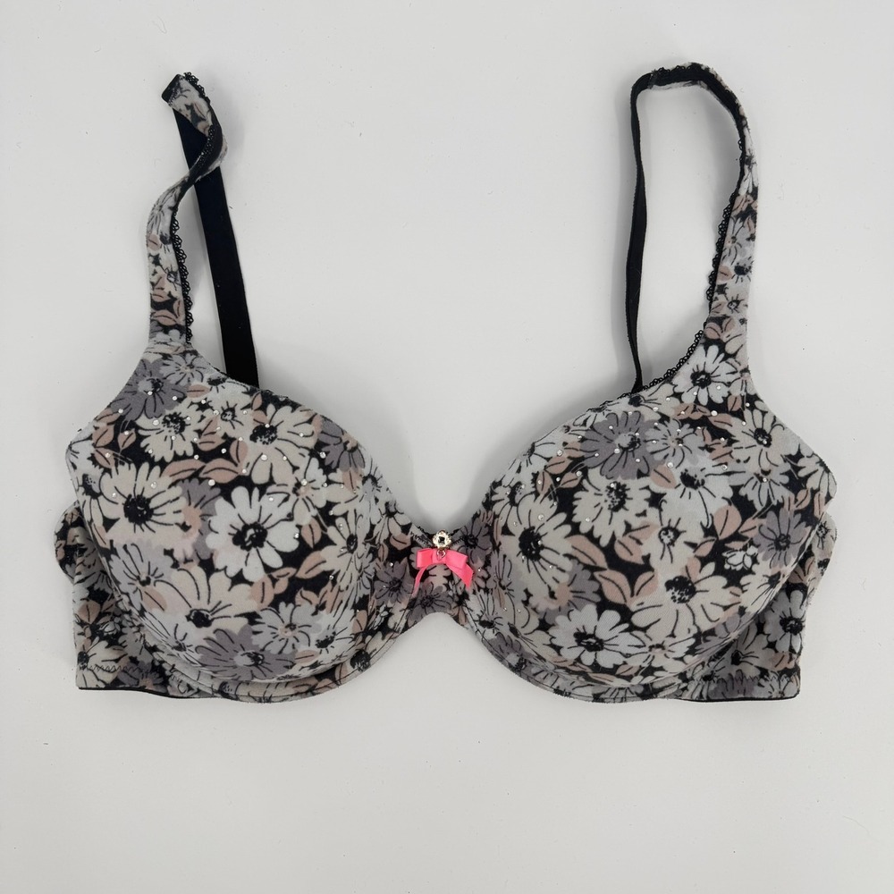 Victoria Secret Bra Lined Perfect Coverage Floral Y2K Women 36C Gray Black Pink